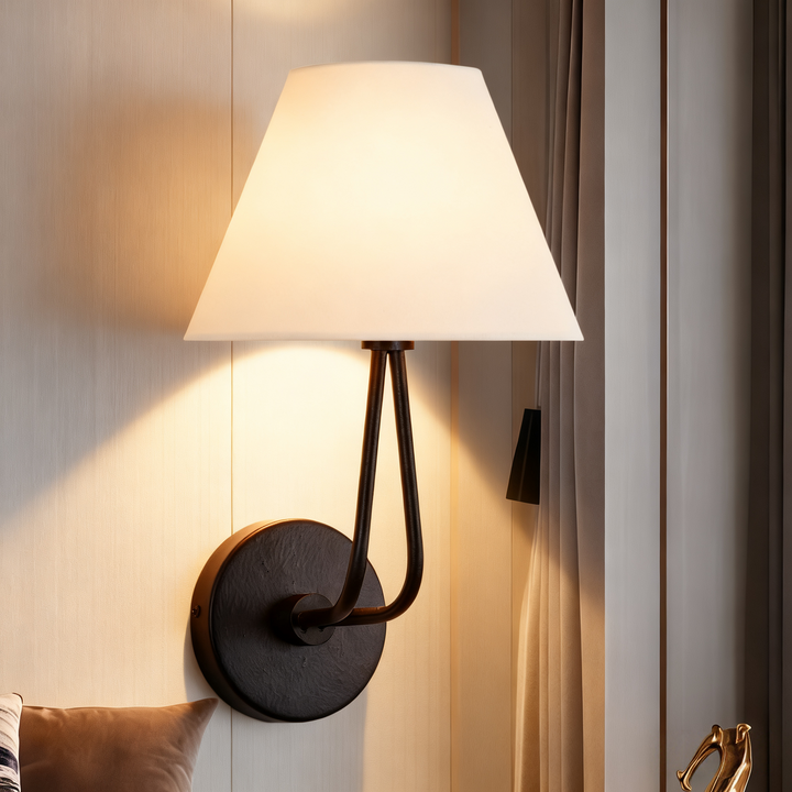 Classic Wall Lighting with Cream Linen Shade, Mid-century Modern Wall Mounted Lamp with Antique Hand-painted Metal Finish, Hardwired Light Fixture for Bedroom, Living Room, Corridor, Entryway