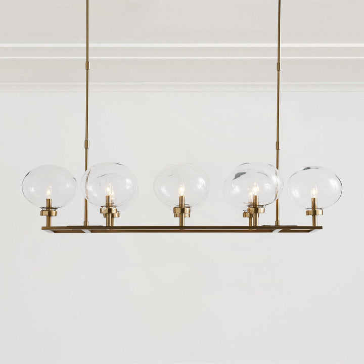 Steel Frame Frosted Globe Chandelier - Blown Glass with Steel and Brass Frame - Adjustable Height and Linear Base - Stylish Light Fixtures for Dining Room and Dining Area Chandelier