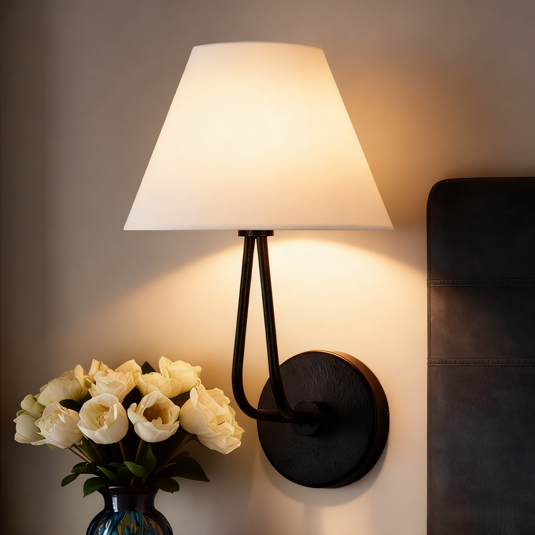 Classic Wall Lighting with Cream Linen Shade, Mid-century Modern Wall Mounted Lamp with Antique Hand-painted Metal Finish, Hardwired Light Fixture for Bedroom, Living Room, Corridor, Entryway