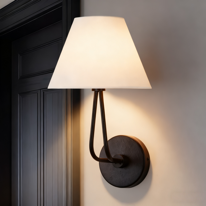 Classic Wall Lighting with Cream Linen Shade, Mid-century Modern Wall Mounted Lamp with Antique Hand-painted Metal Finish, Hardwired Light Fixture for Bedroom, Living Room, Corridor, Entryway