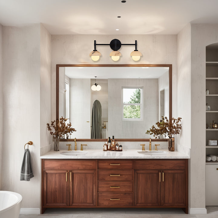 Opulent Glow Hand-Carved Alabaster Bathroom Sconce with Opal Shades - Elegant Light Fixture