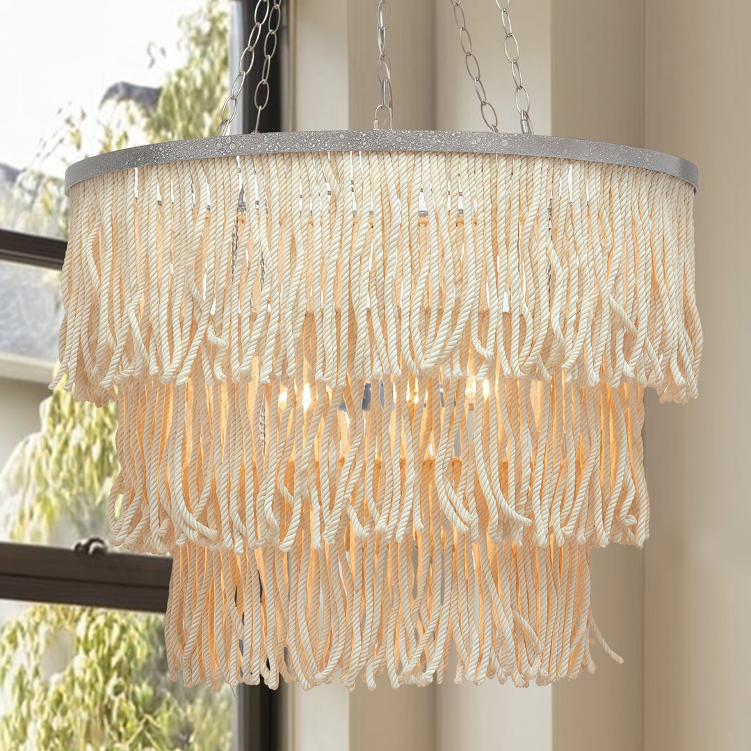 Boho 3-Tiered Fringe Chandelier, Mediterranean Tassel Pendant Light with Decorative Rope, Coastal Farmhouse Hanging Light for Living Room, Dining Room, Bedroom
