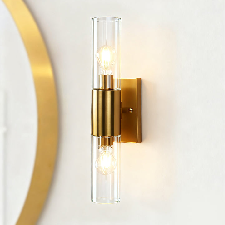 Rustic Geometric Design Double Tube Wall Sconce - Damp Rated Hand-Cut Glass Fixture for Bathroom, Bedroom Wall Sconces, and Wall Lamps