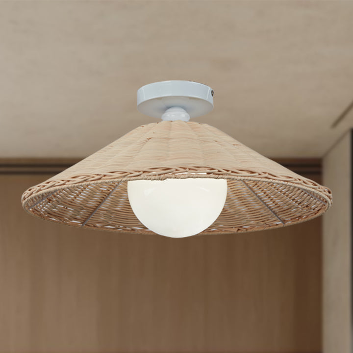 Natural Rattan Flush Mount with Burnished Brass Finish and Milk Glass Shade, Sitting Room Ceiling Lights, Living Room Flush Mount, Dining Area Flush Mount