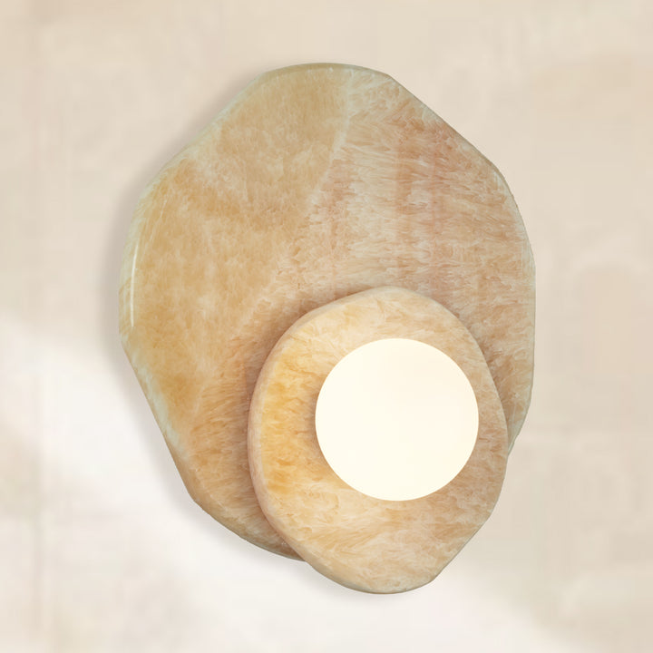 Opaline Cream Sculpture Wall Sconce: Natural Cream Onyx with Opaque White Glass Globe Bulb, Sculptural Design for Living Room, Bathroom, or Bedroom Wall Lighting