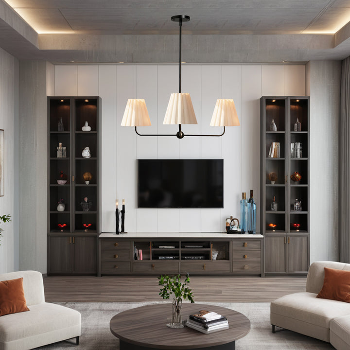 Mid-centry Modern Chandelier with Adjustable Height (18-54"), 3-Light Pendant Light over Table, Scandinavian Kitchen Island Lighting Fixture with Linen Shade for Dining Room Living Room