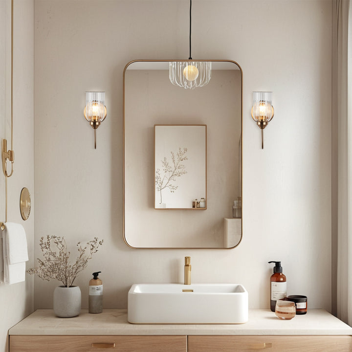 Antique Gooseneck Brass Sconce with Clear Fluted Glass, Gold Wall Mounted Lamp Beside Mirror, Wet-rated Wall Light for Bathroom, Stairs, Kitchen, Hallway, Fireplace (E26 Base)