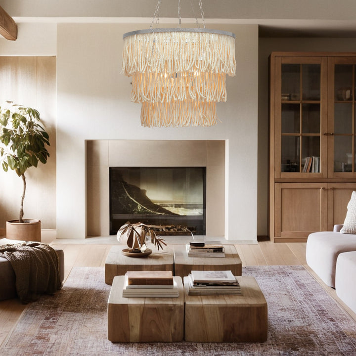 Boho 3-Tiered Fringe Chandelier, Mediterranean Tassel Pendant Light with Decorative Rope, Coastal Farmhouse Hanging Light for Living Room, Dining Room, Bedroom