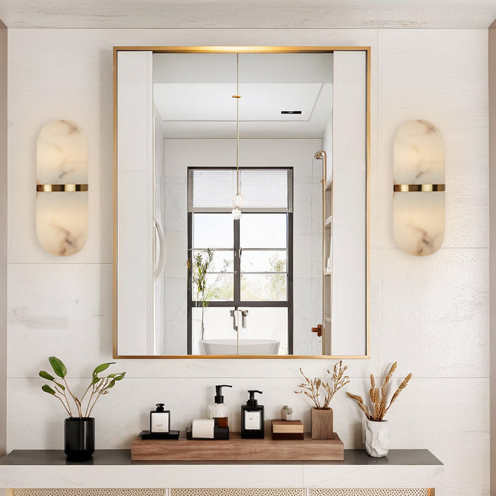 Alabaster Metal Damp Rated Hardwire Sconce - Alabaster and Metal Construction - Ideal for Wall Sconces, Bathroom Sconce, Kitchen Sconce, and Exterior Wall Lights