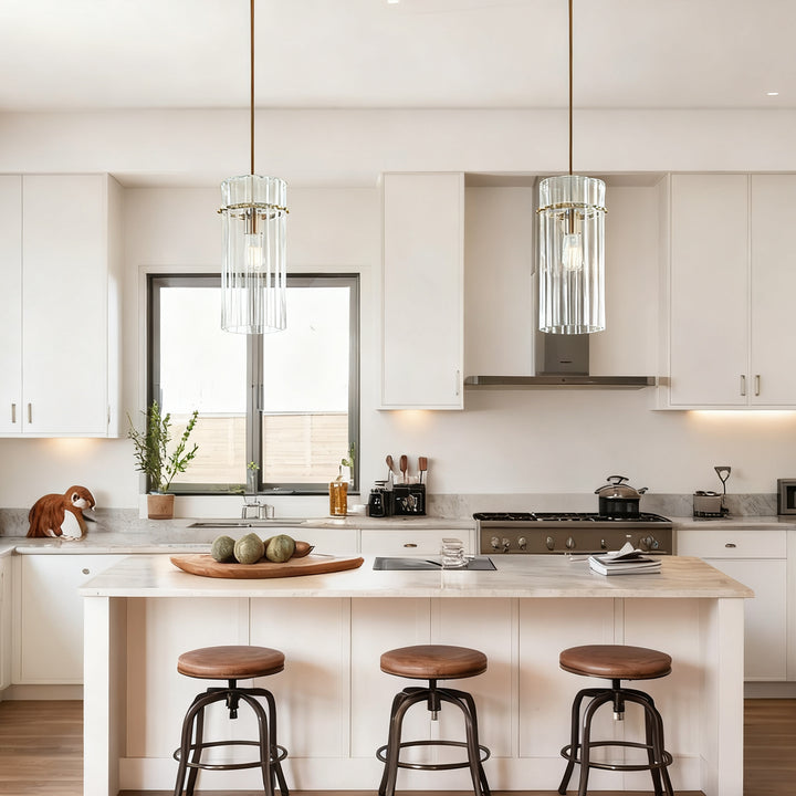 Crystal Fluted Finial Pendant with Tumbled Brass Finish - Hand-Blown Cut Crystal Clear Glass Shade with Fluted Effect and Finial Details for Living Room, Bedroom