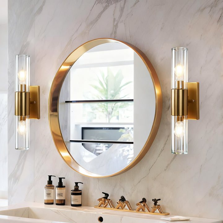 Rustic Geometric Design Double Tube Wall Sconce - Damp Rated Hand-Cut Glass Fixture for Bathroom, Bedroom Wall Sconces, and Wall Lamps