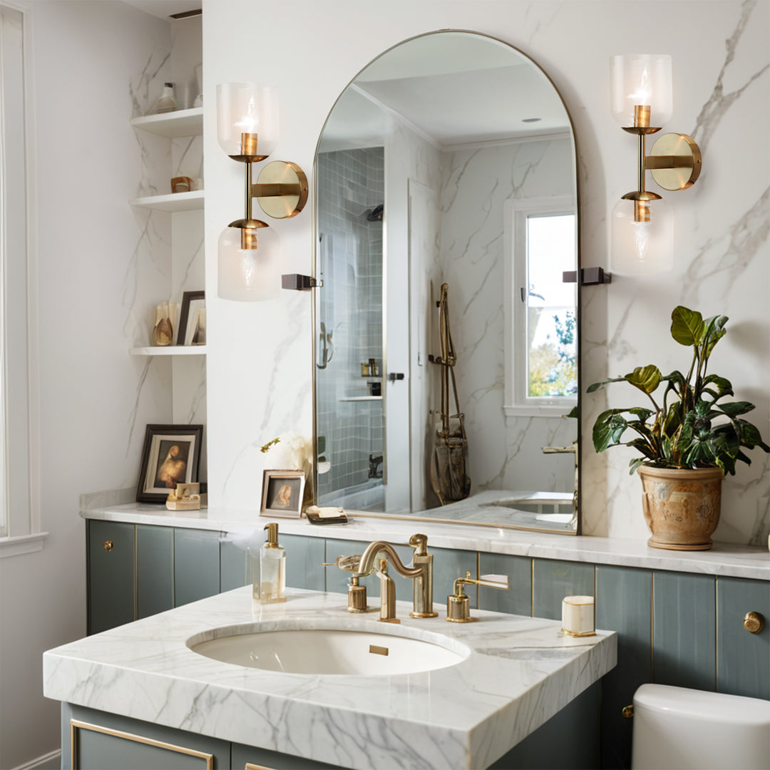 Antique Bronze Double Sconce with Ribbed Glass Shades and Bell-Shaped Design for Durable Indoor Lighting