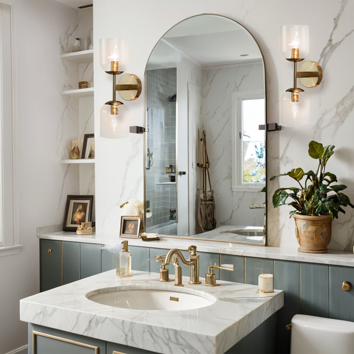 Antique Bronze Double Sconce with Ribbed Glass Shades and Bell-Shaped Design for Durable Indoor Lighting