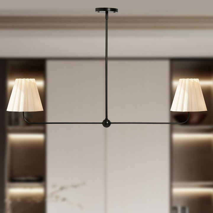 Kitchen Island Lighting with Pleated Linen Shade, 2 Lights Linear Chandelier with Adjustable Height (18-46"), Modern Ceiling Hanging Pendant Light for Dining Room, Living Room, Bedroom