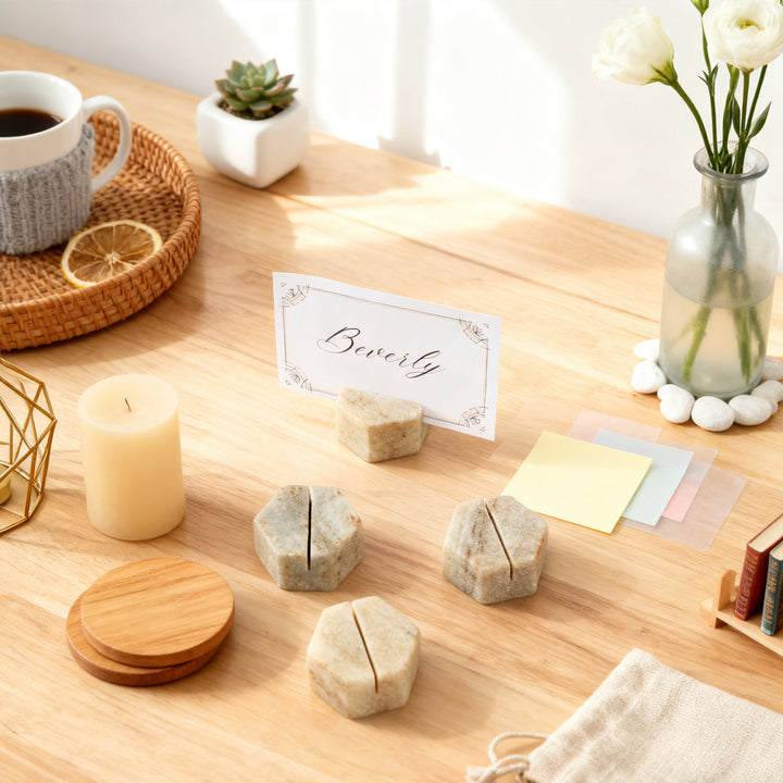 Hexagon Marble Place Card Holders (Set of 4) with Weighted Bases and Precise Slots, Elegant Place Card Holders with Handcrafted Natural Marble, Perfect for Table Decor, Dinner Party, Weddings