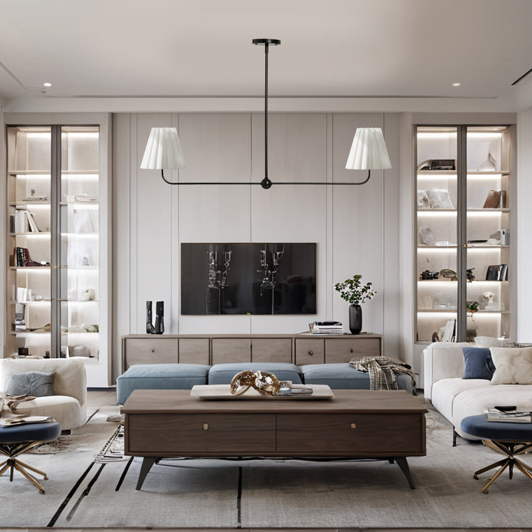 Kitchen Island Lighting with Pleated Linen Shade, 2 Lights Linear Chandelier with Adjustable Height (18-46"), Modern Ceiling Hanging Pendant Light for Dining Room, Living Room, Bedroom