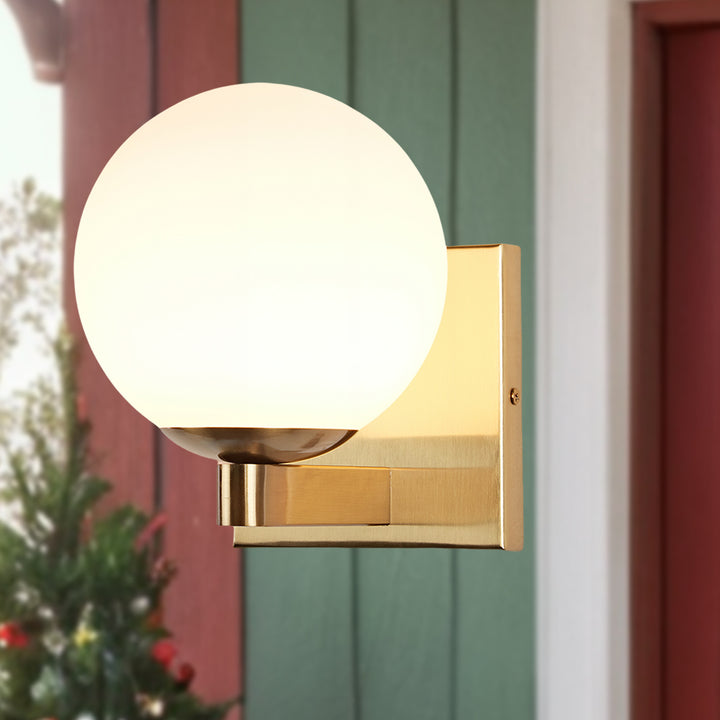 Globe Shade Matte Finish with Brass Accents Single Light Sconce - Blown Glass and Steel Frame for Outdoor, Living Room