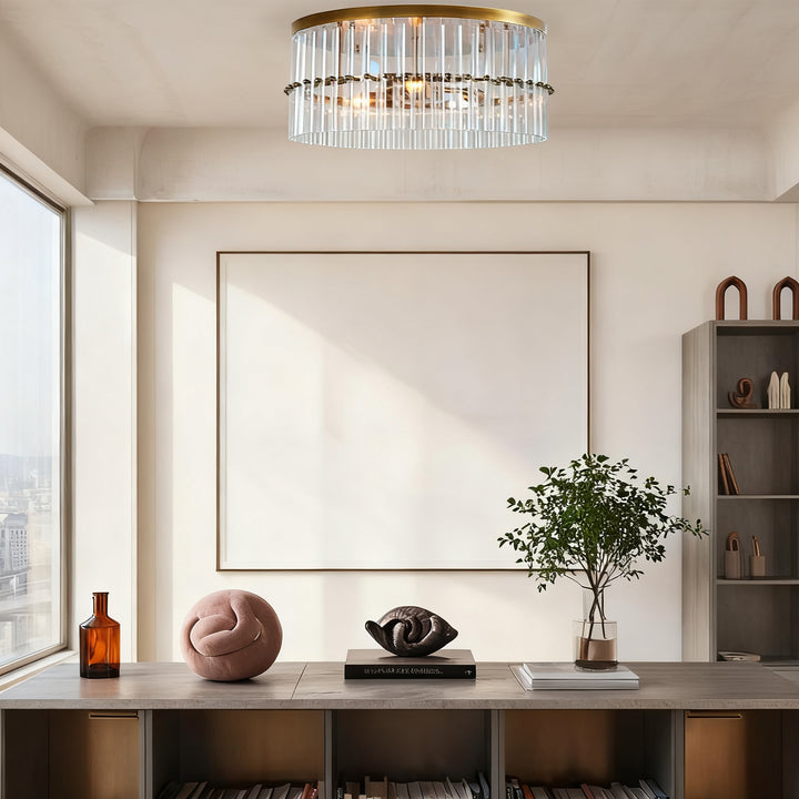 Luminous Steel Craft Flush Mount - Hand-Blown Cut Crystal Glass Shade with Optical Illumination and Tumbled Brass Finish for for Bedroom, Living Room, Dining Room