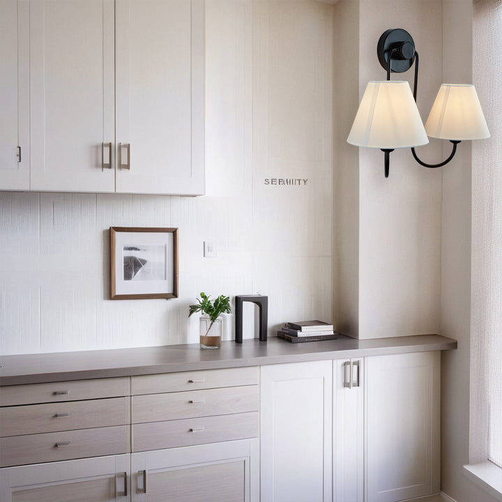 Modern Linen Shade Double Swoop Sconce - Stainless Steel and Oil Brushed Bronze with White Linen Shade - Stylish Moisture Resistant Wall Sconce for Living Room