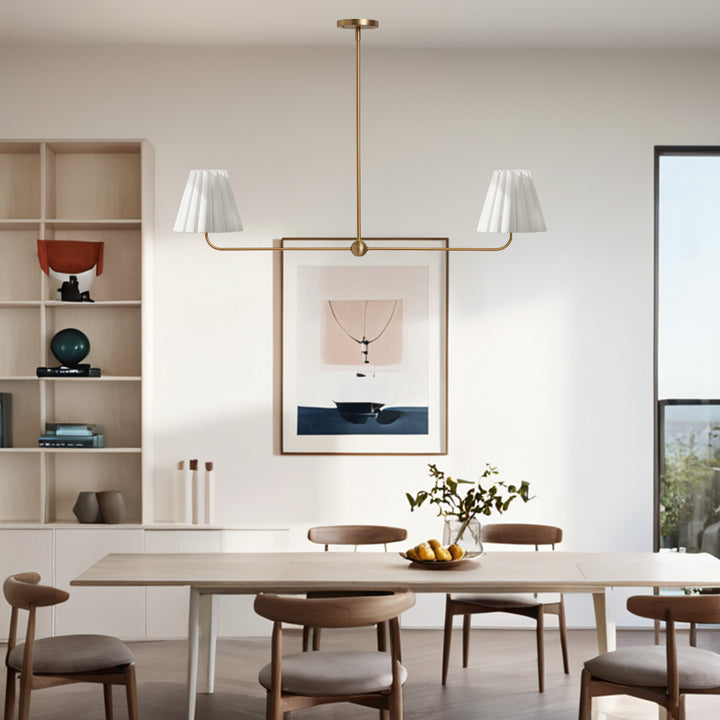 Kitchen Island Lighting with Pleated Linen Shade, 2 Lights Linear Chandelier with Adjustable Height (18-46"), Modern Ceiling Hanging Pendant Light for Dining Room, Living Room, Bedroom