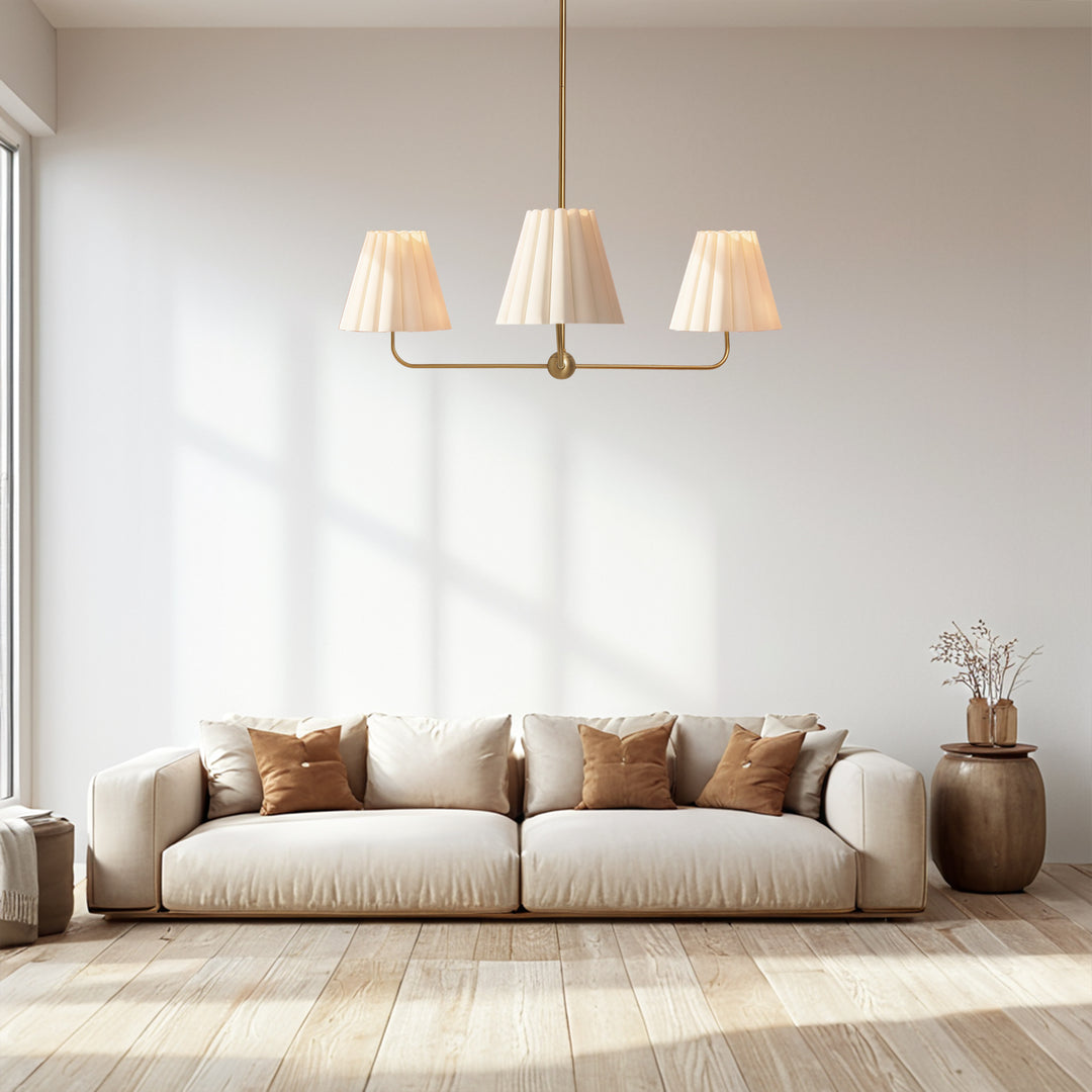 Mid-centry Modern Chandelier with Adjustable Height (18-54"), 3-Light Pendant Light over Table, Scandinavian Kitchen Island Lighting Fixture with Linen Shade for Dining Room Living Room