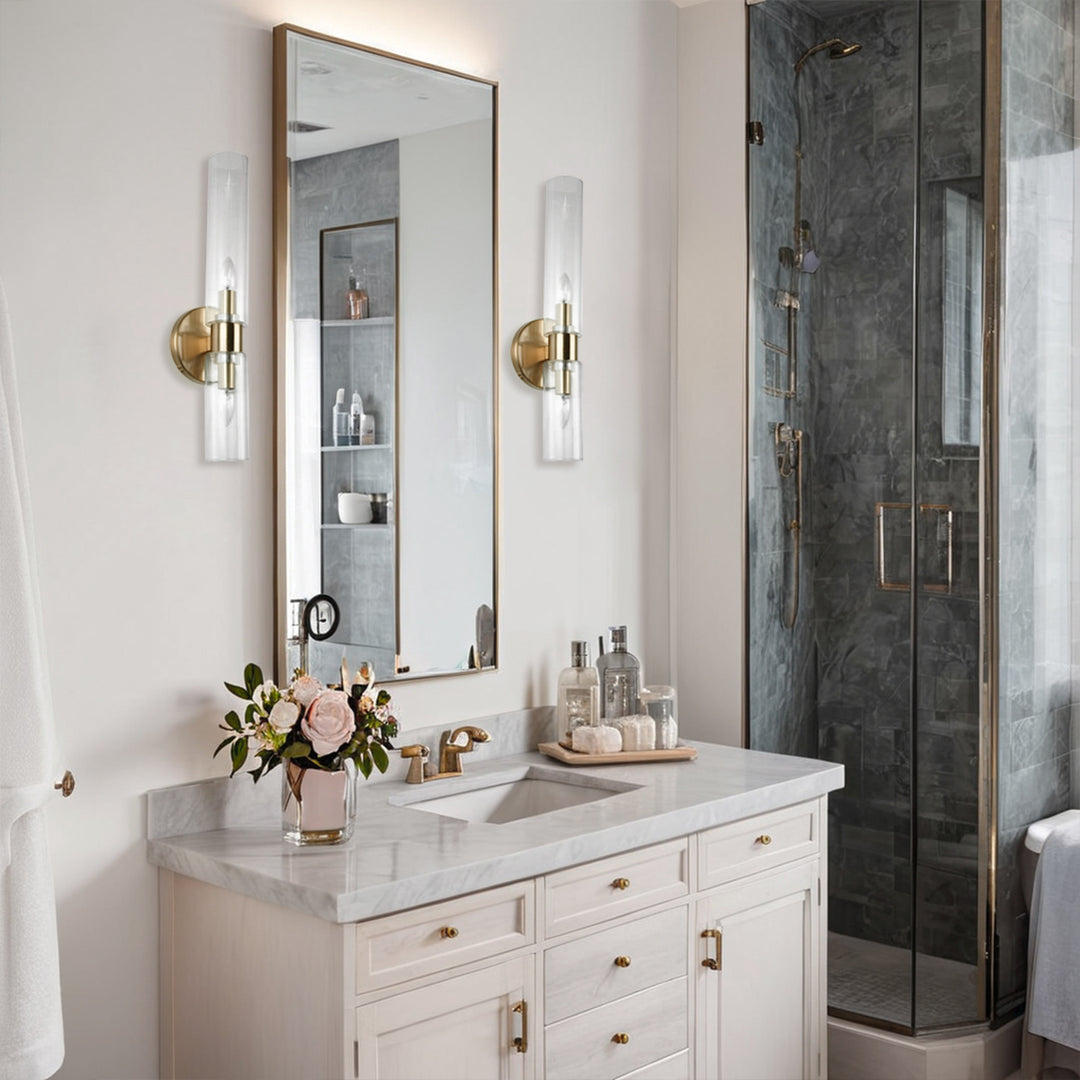 Modern 2-Light Wall Sconce with Clear Fluted Glass, Asymmetrical Double Tube Sconce Wet-rated Bathroom Light Fixture Over Mirror, Hardwired Wall Mount Lamp for Bedroom, Hallway, Living Room