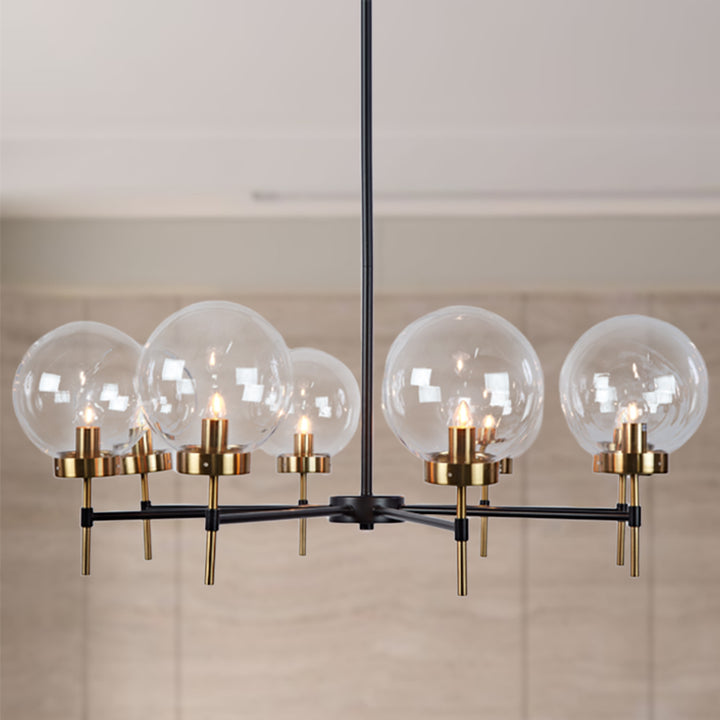 Mid-Century Modern Blown Glass Globe Chandelier - Adjustable Height with Two-Toned Metals for Dining Room, Living Room, and Sitting Room Lighting