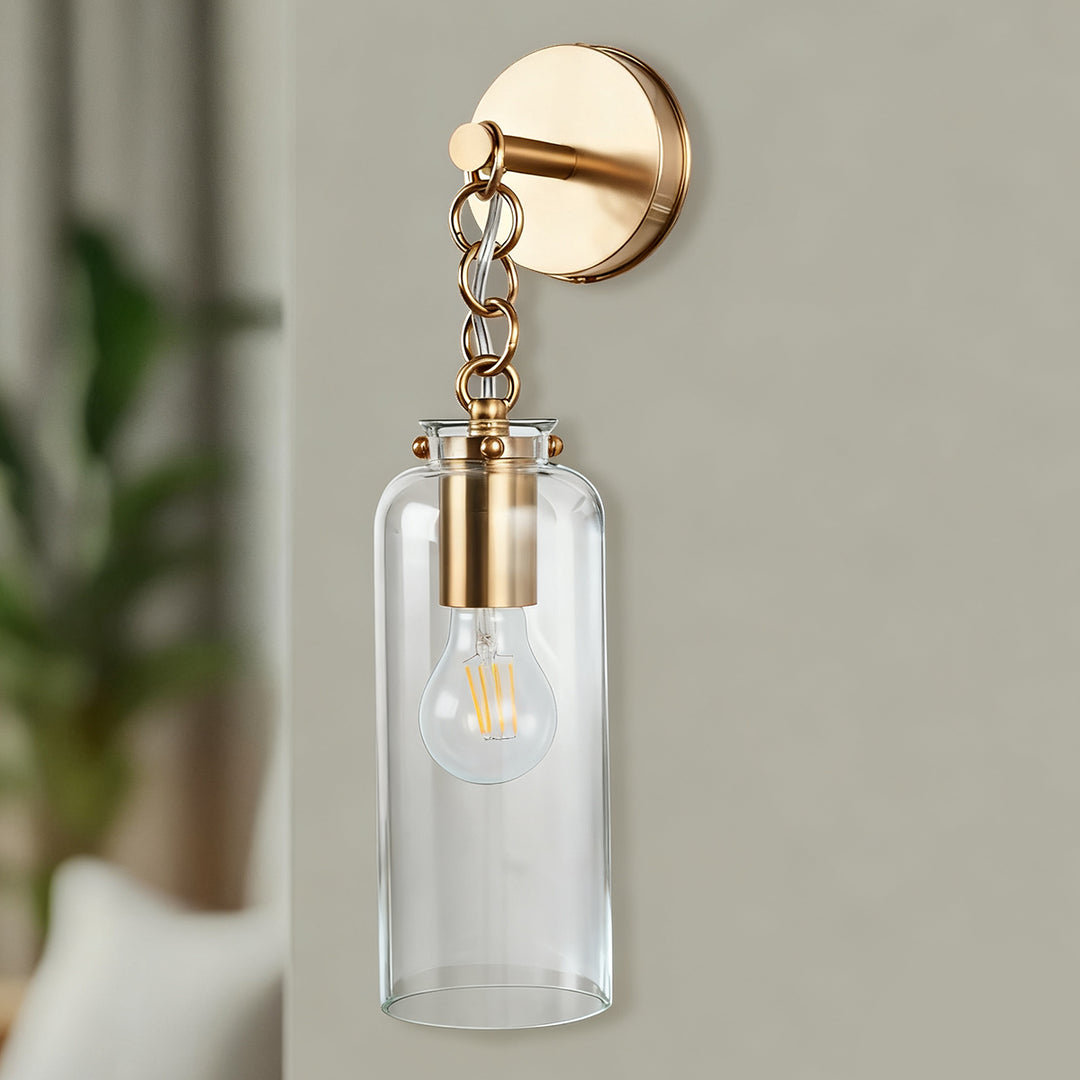 Aged Brass Sconce Wall Lamp, Retro Wall Mounted Lighting with Clear Glass Tube, Decorative Wall Light Fixture for Living Room, Bedroom, Hallway, Kitchen, Staircase