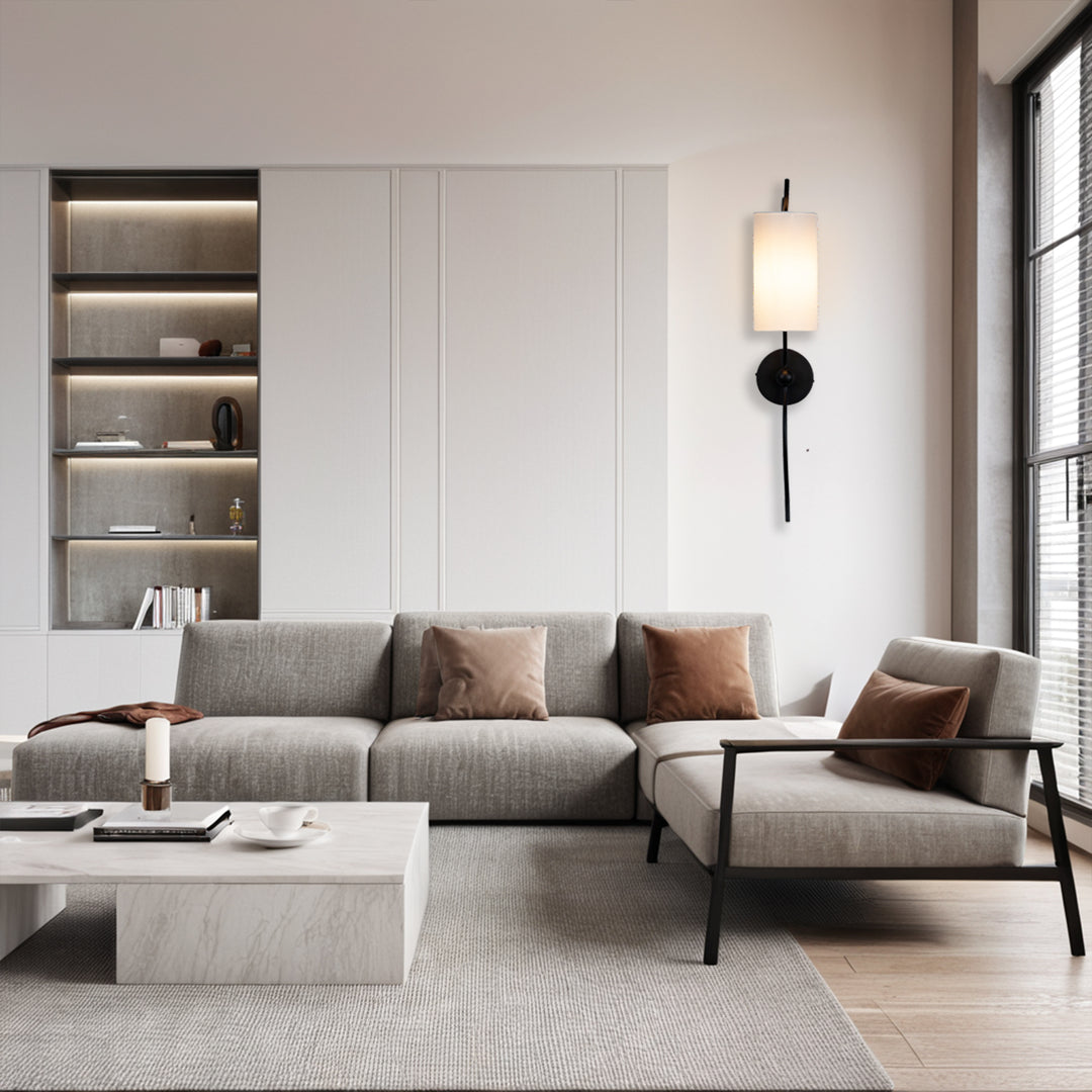 Mid-Century Single Light Wall Sconce with White Linen Shade, Industrial Wall Mounted Lamp with Wavy Black Forged Iron Arm, Hardwired Night Light for Bedroom, Living Room, Hallway