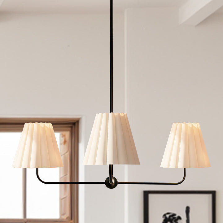 Mid-centry Modern Chandelier with Adjustable Height (18-54"), 3-Light Pendant Light over Table, Scandinavian Kitchen Island Lighting Fixture with Linen Shade for Dining Room Living Room