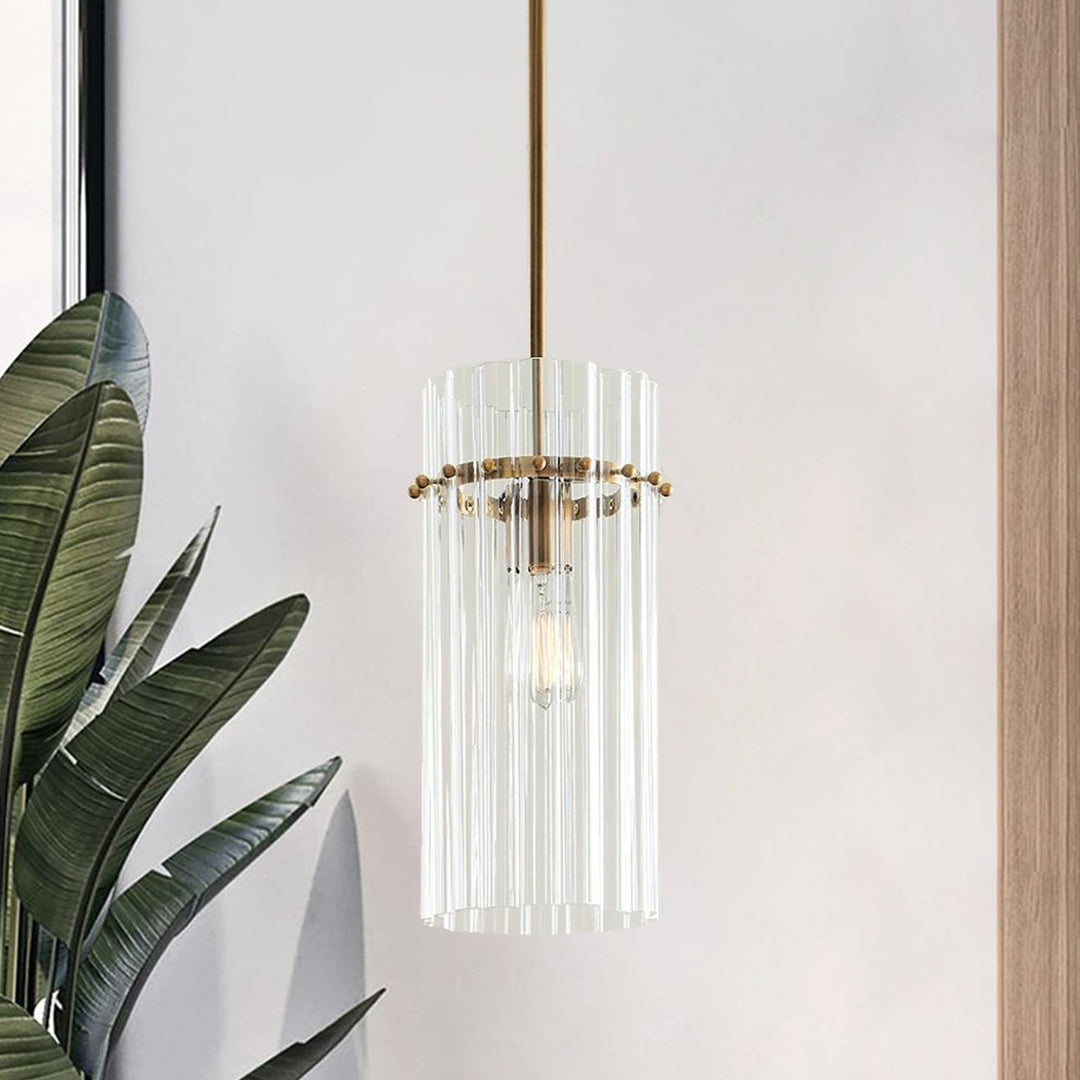 Crystal Fluted Finial Pendant with Tumbled Brass Finish - Hand-Blown Cut Crystal Clear Glass Shade with Fluted Effect and Finial Details for Living Room, Bedroom