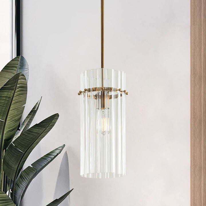 Crystal Fluted Finial Pendant with Tumbled Brass Finish - Hand-Blown Cut Crystal Clear Glass Shade with Fluted Effect and Finial Details for Living Room, Bedroom