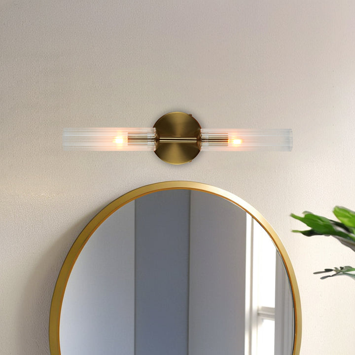 Antique Bronze Double Tube Sconce with Ribbed Glass Shades and Cylindrical Design for Durable Indoor Lighting