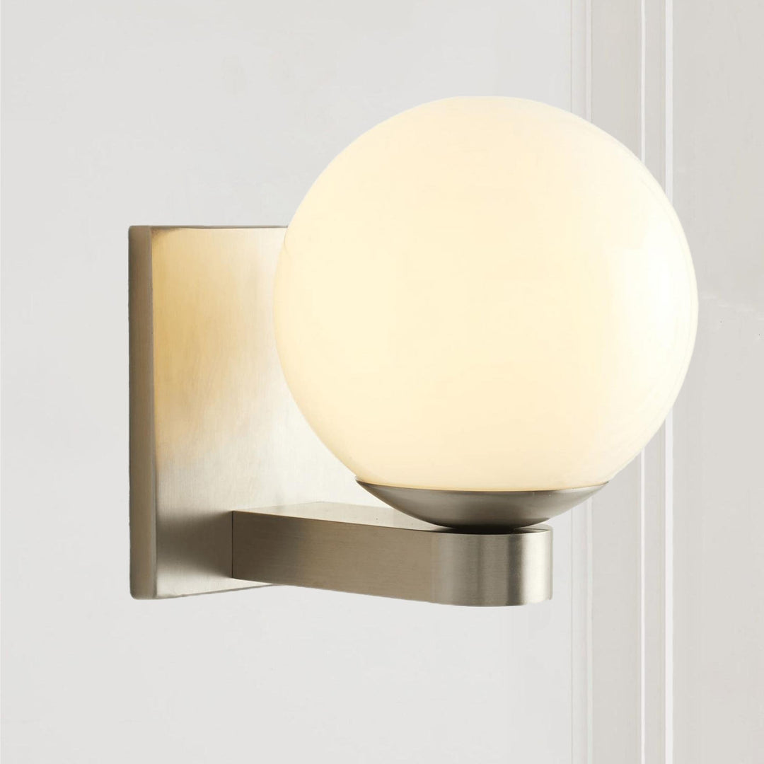 Globe Shade Matte Finish with Brass Accents Single Light Sconce - Blown Glass and Steel Frame for Outdoor, Living Room