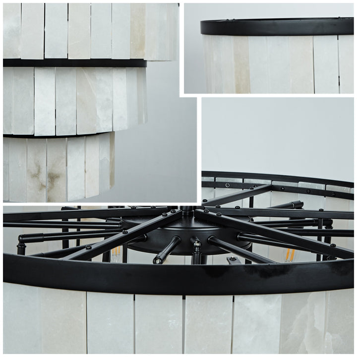 Rustic Alabaster Three-Tier Chandelier with Metal Detailing - A Stunning Rustic Chandelier Featuring Natural Stone - Perfect Hanging Light Fixture for Your Living Room