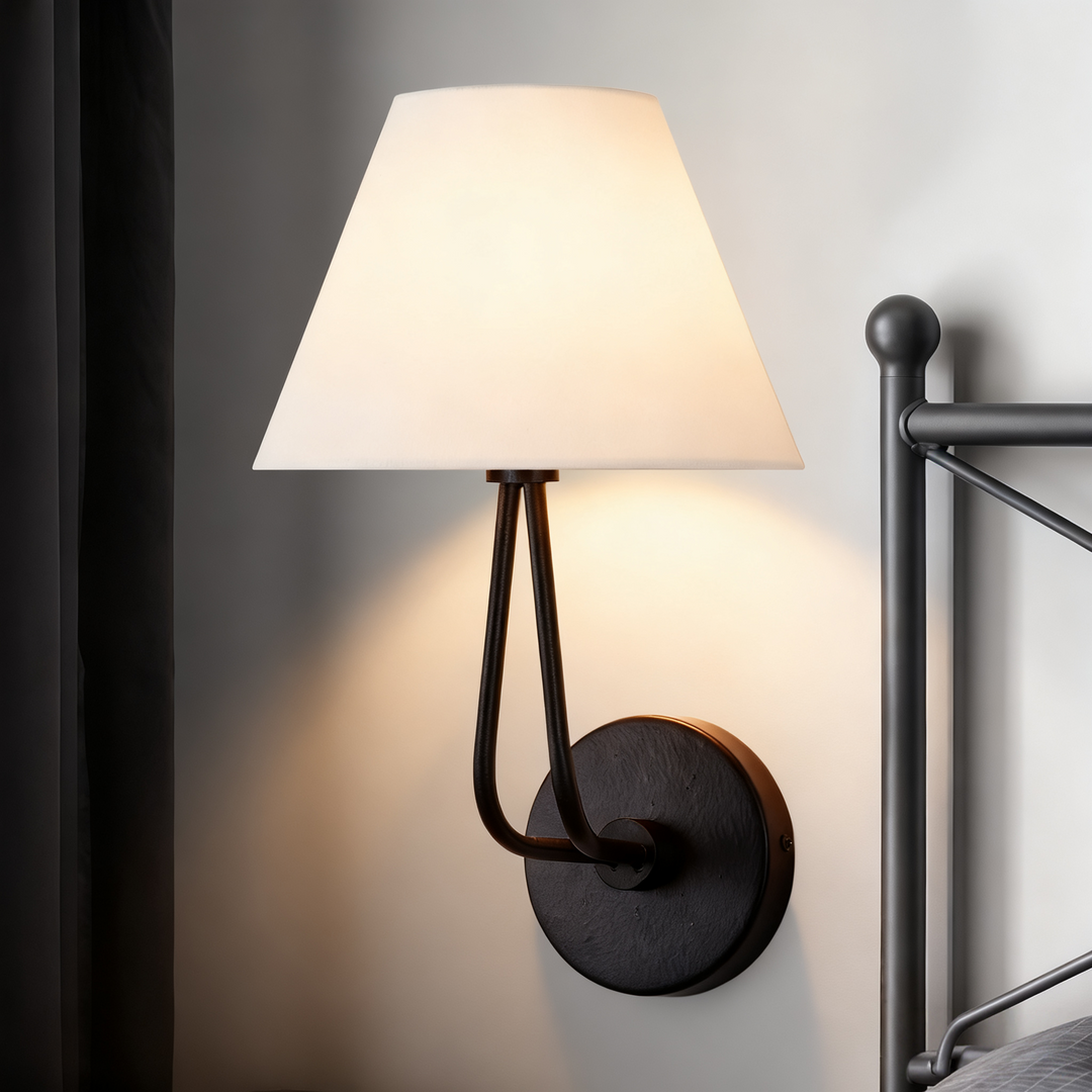 Classic Wall Lighting with Cream Linen Shade, Mid-century Modern Wall Mounted Lamp with Antique Hand-painted Metal Finish, Hardwired Light Fixture for Bedroom, Living Room, Corridor, Entryway