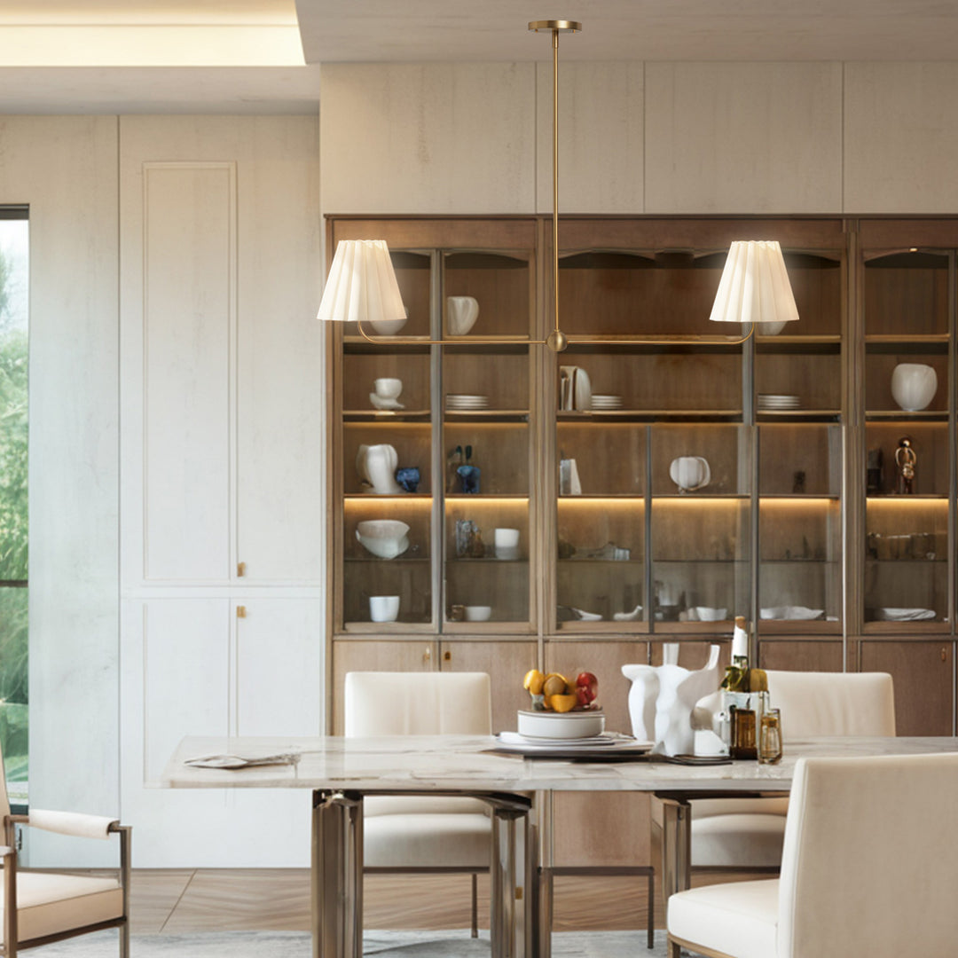 Kitchen Island Lighting with Pleated Linen Shade, 2 Lights Linear Chandelier with Adjustable Height (18-46"), Modern Ceiling Hanging Pendant Light for Dining Room, Living Room, Bedroom