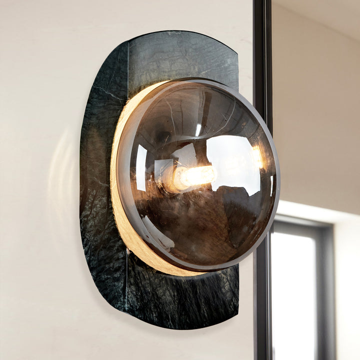 Smoked Luster Veining Globe Wall Sconce - Unique Fixture with Solid Green Marble and Smoked Luster Glass Globe, Featuring Variation in Veining - Ideal for Wall Sconce, Wall Lights, and Exterior Wall Lights