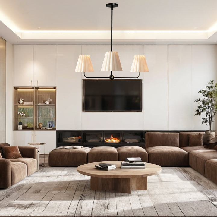 Mid-centry Modern Chandelier with Adjustable Height (18-54"), 3-Light Pendant Light over Table, Scandinavian Kitchen Island Lighting Fixture with Linen Shade for Dining Room Living Room