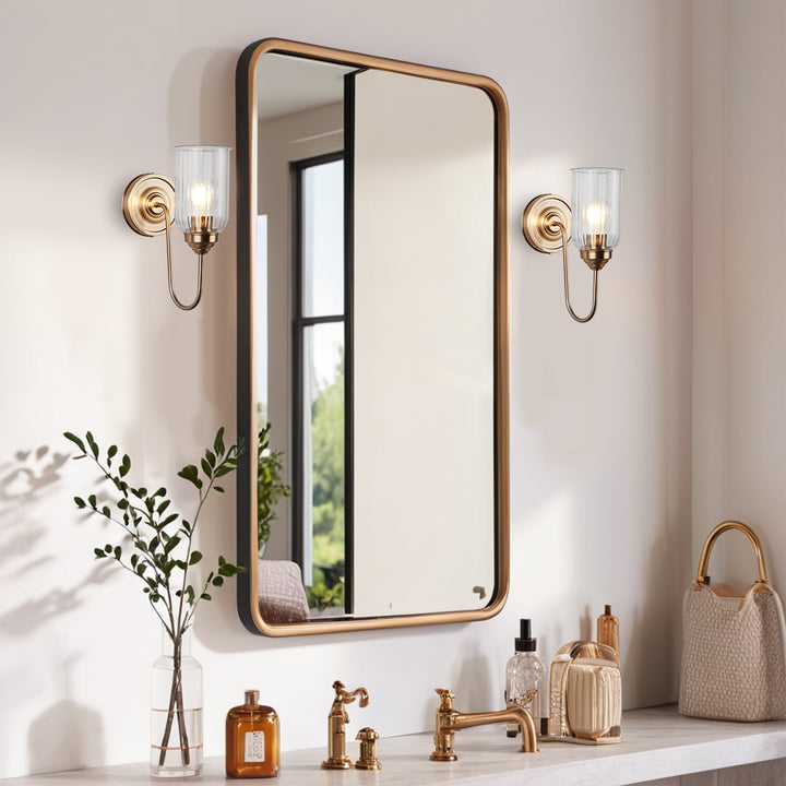 Antique Gooseneck Brass Sconce with Clear Fluted Glass, Gold Wall Mounted Lamp Beside Mirror, Wet-rated Wall Light for Bathroom, Stairs, Kitchen, Hallway, Fireplace (E26 Base)