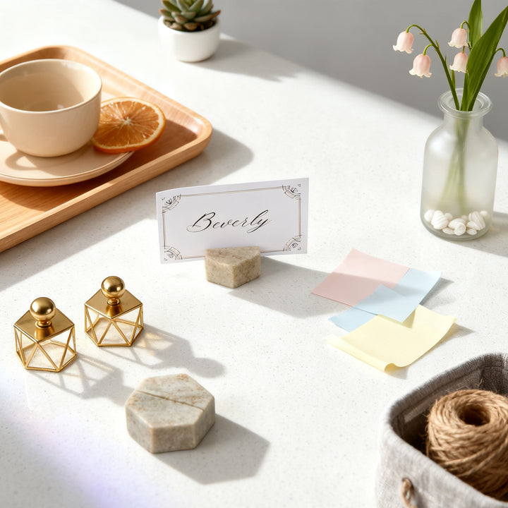 Hexagon Marble Place Card Holders (Set of 4) with Weighted Bases and Precise Slots, Elegant Place Card Holders with Handcrafted Natural Marble, Perfect for Table Decor, Dinner Party, Weddings