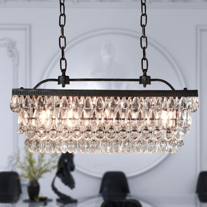 Crystal Raindrop Elegance Rectangular Chandelier - Faceted-Glass Crystals and Rain Drop Display for Dining Room and Living Room Lighting