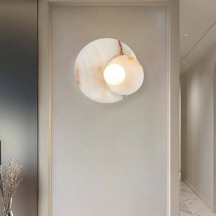Opaline Cream Sculpture Wall Sconce: Natural Cream Onyx with Opaque White Glass Globe Bulb, Sculptural Design for Living Room, Bathroom, or Bedroom Wall Lighting