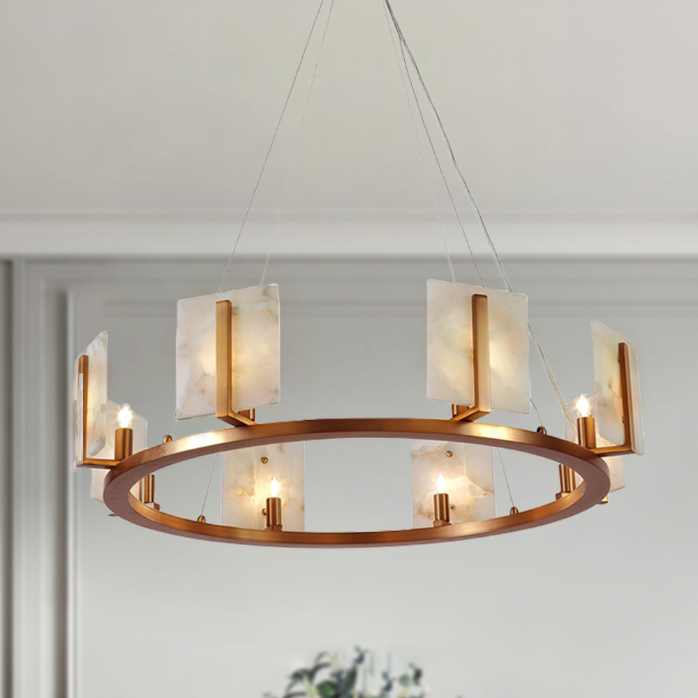 Modern Alabaster Chandelier with Antique Brass Finish - Adjustable Height for Dining Area Lighting, Ideal for Dining Room and Modern Living Room Fixtures
