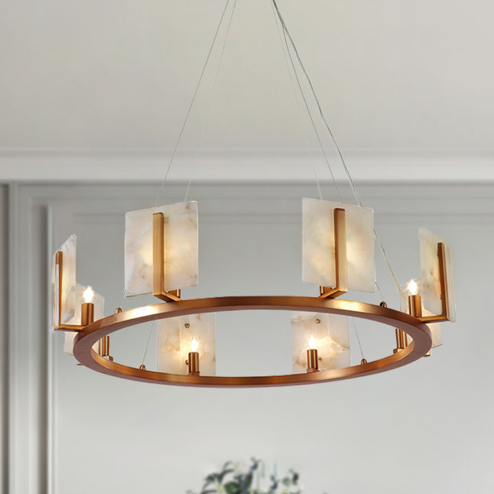 Modern Alabaster Chandelier with Antique Brass Finish - Adjustable Height for Dining Area Lighting, Ideal for Dining Room and Modern Living Room Fixtures
