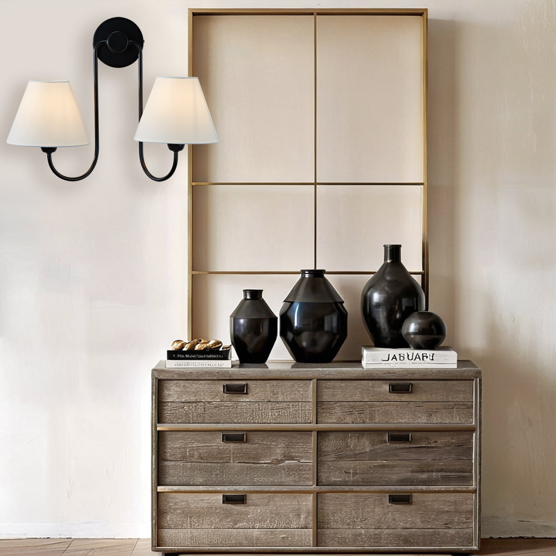 Modern Linen Shade Double Swoop Sconce - Stainless Steel and Oil Brushed Bronze with White Linen Shade - Stylish Moisture Resistant Wall Sconce for Living Room