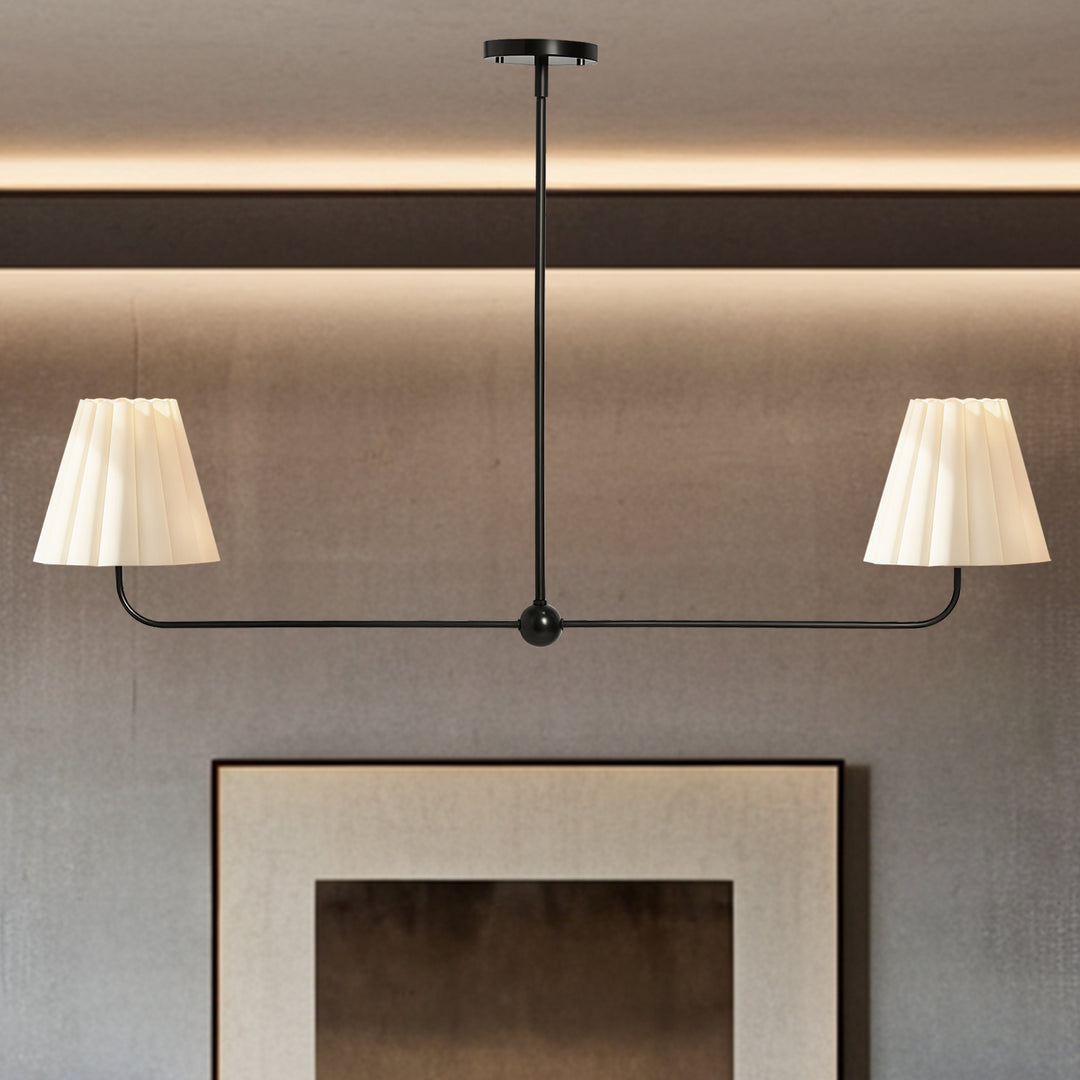 Kitchen Island Lighting with Pleated Linen Shade, 2 Lights Linear Chandelier with Adjustable Height (18-46"), Modern Ceiling Hanging Pendant Light for Dining Room, Living Room, Bedroom