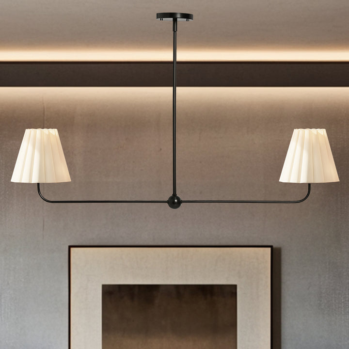Kitchen Island Lighting with Pleated Linen Shade, 2 Lights Linear Chandelier with Adjustable Height (18-46"), Modern Ceiling Hanging Pendant Light for Dining Room, Living Room, Bedroom