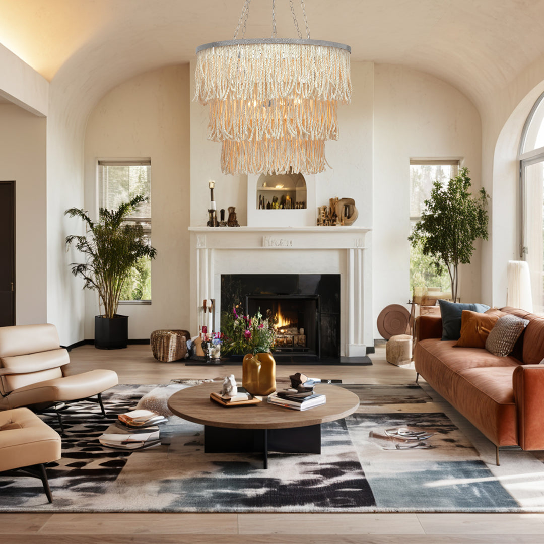 Boho 3-Tiered Fringe Chandelier, Mediterranean Tassel Pendant Light with Decorative Rope, Coastal Farmhouse Hanging Light for Living Room, Dining Room, Bedroom