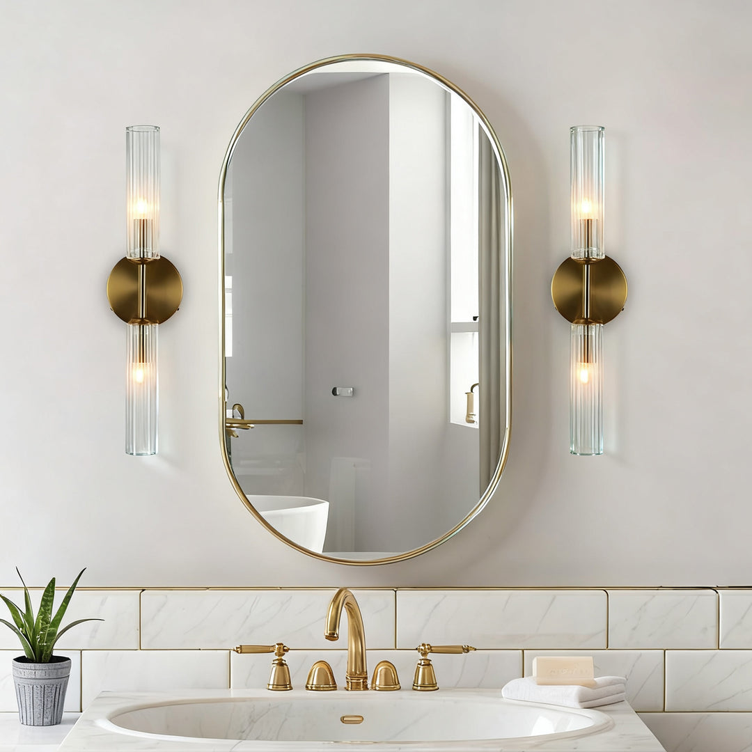 Antique Bronze Double Tube Sconce with Ribbed Glass Shades and Cylindrical Design for Durable Indoor Lighting